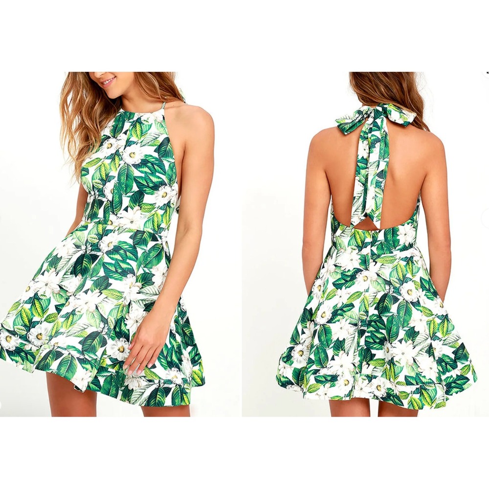 Lulus‎ Vintage Blooms Green Floral Print Skater Dress Mini size Small